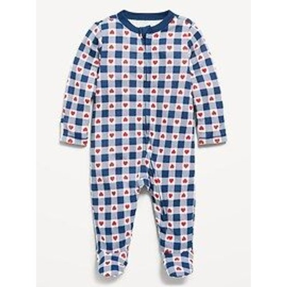 Old Navy Footed Sleeper Baby Newborn Navy Blue Gingham Heart 2-Way Zip Pajamas